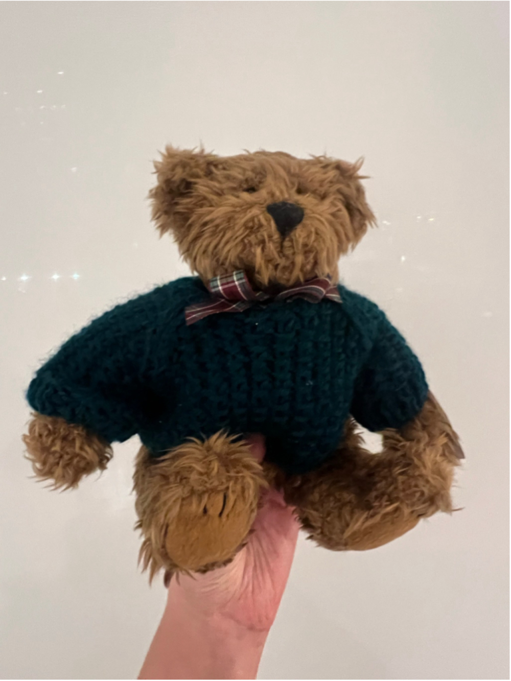 Vintage 1998 Ganz Baxter Teddy Bear Teal Knit Sweater Plaid Bow